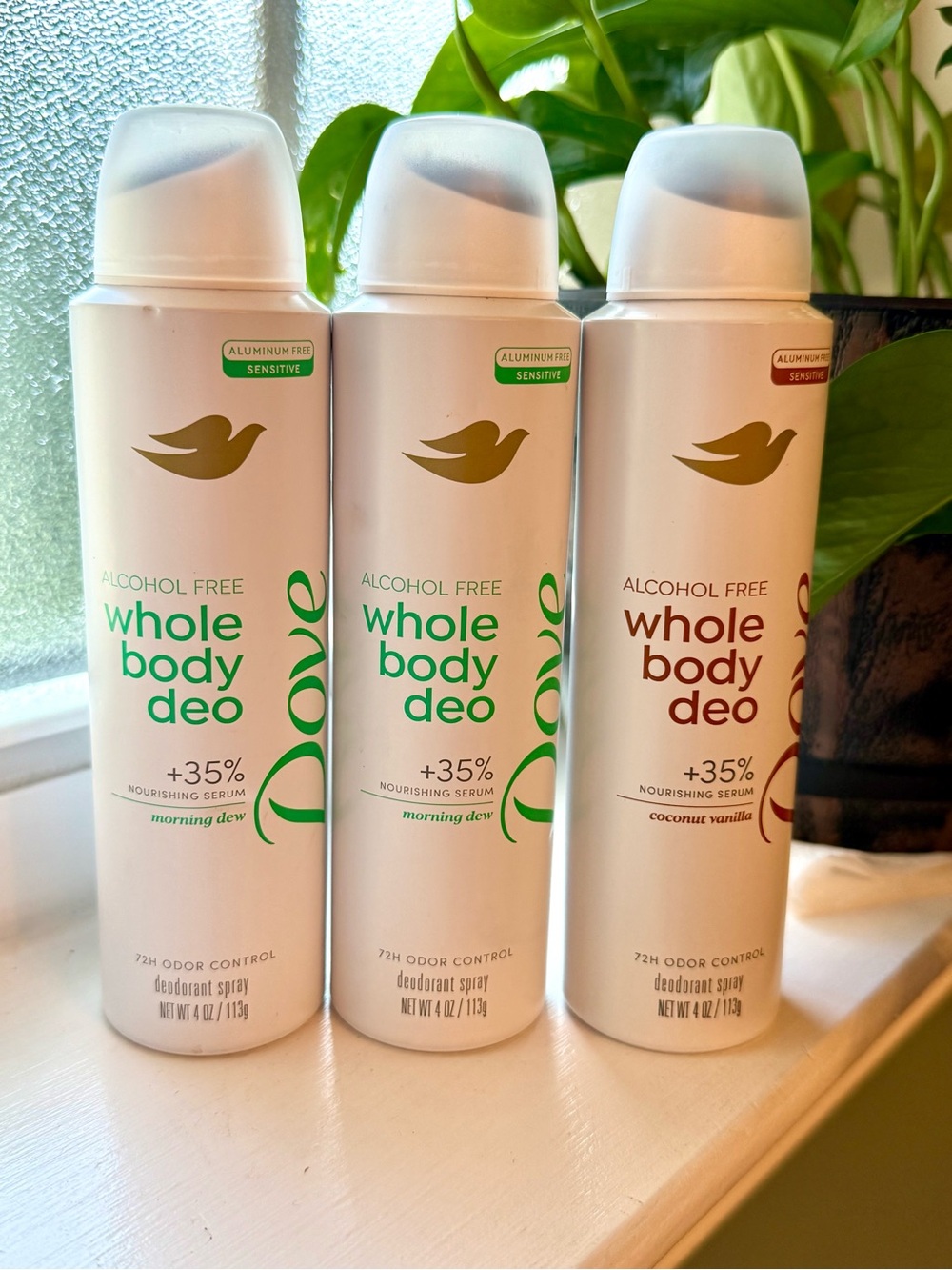 Dove Whole Body Deo 3 Pack 4oz Morning Dew Coconut Vanilla Aluminum Free